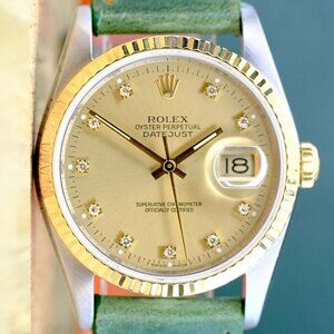 ROLEX DATEJUST CHAMPAGNE INDEX DIAL 18KY & STEEL JUBILEE  GREEN LEATHER 16233